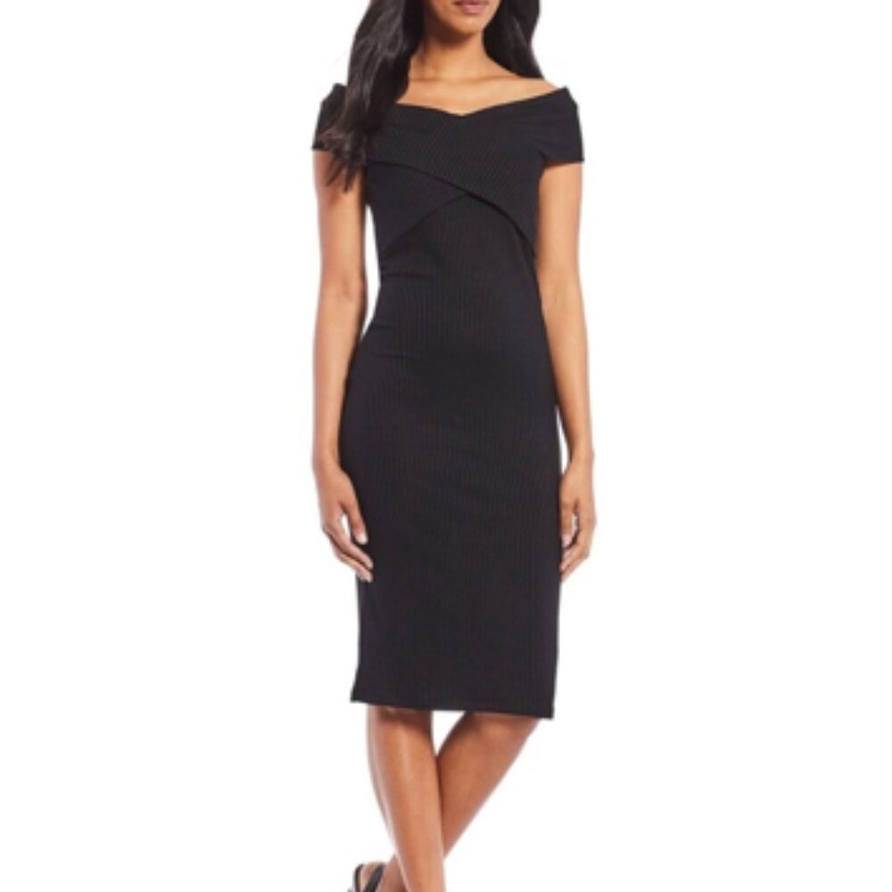 MICHAEL Michael Kors Black Ribbed Off-Shoulder Cross-Collar Dress Size Large EUC